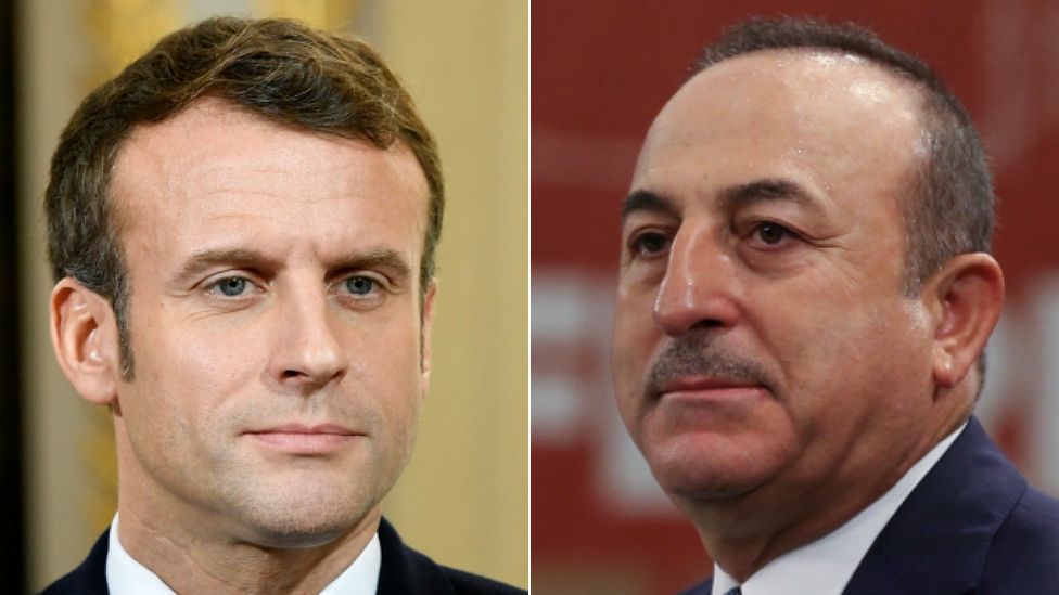 Emmanuel Macron, left, and Mevlut Cavusoglu