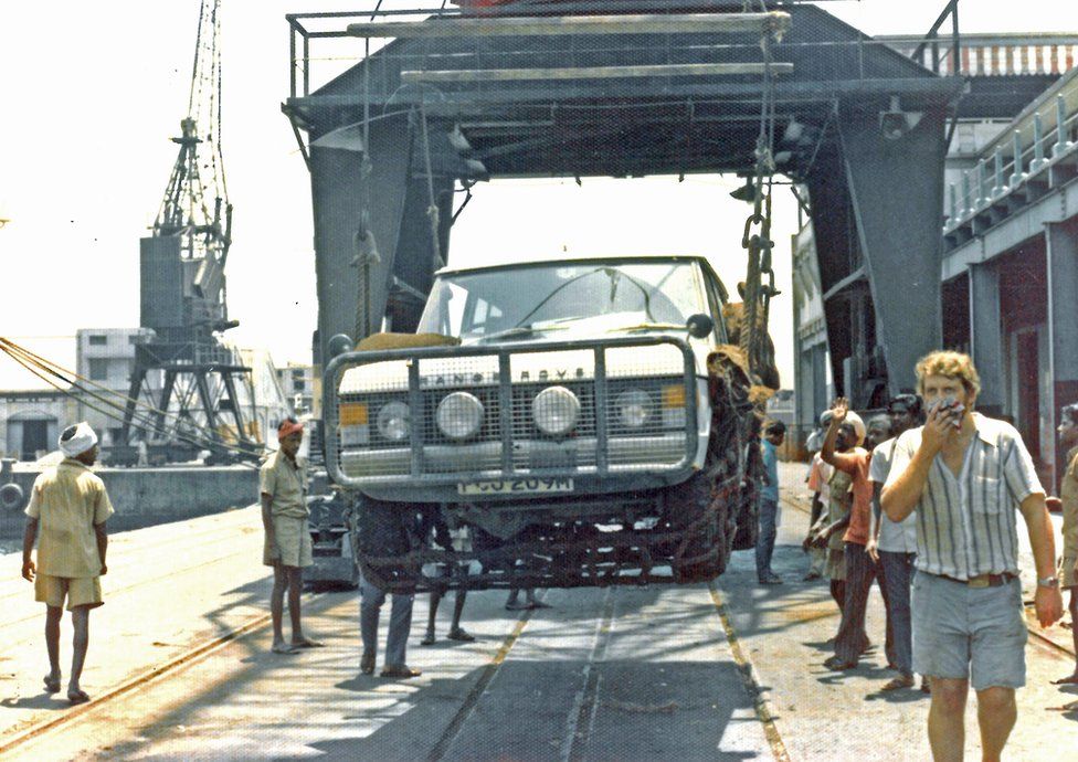Lifting the car onto a ship in Madras bound for (then) Malaya - could not drive through Burma