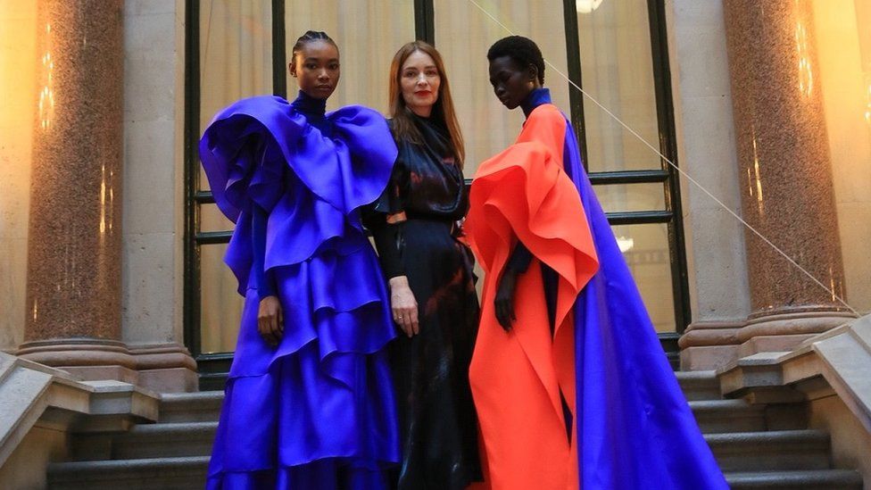 Roksanda with two of her models at her spring 2020 London Fashion Week show
