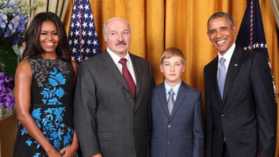 Belarus President Alexander Lukashenko and his son Kolya pose with the Obamas at a reception in honour of the United Nations General Assembly, 28 September 2015