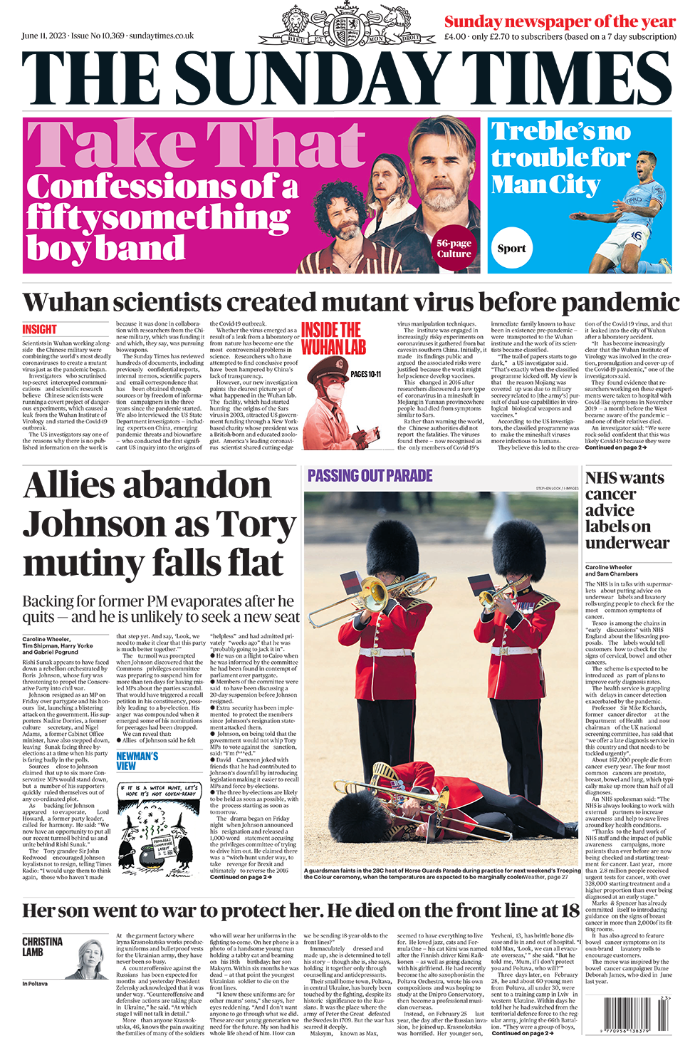 The headline in the Sunday Times reads 'Allies abandon Johnson as Tory mutiny falls flat'