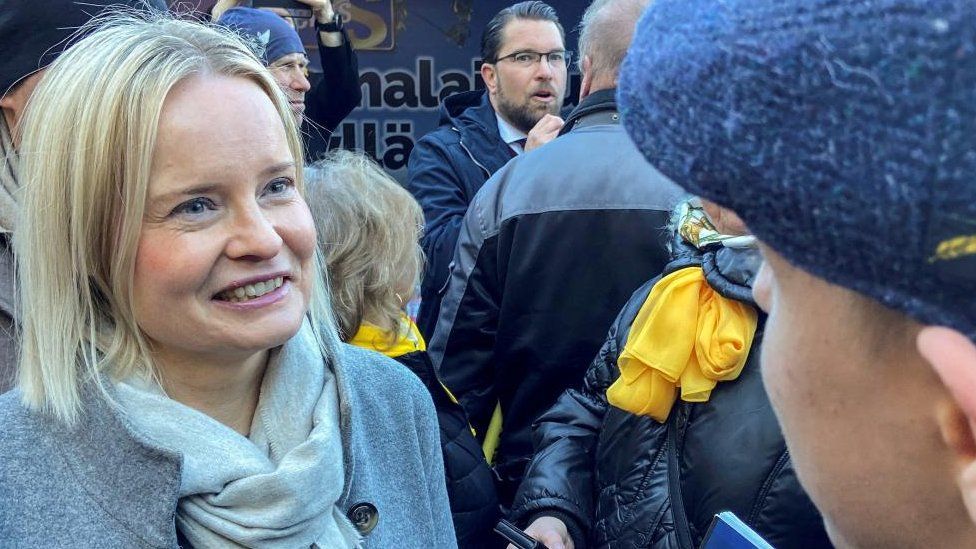 Finland's nationalist Finns party leader Riikka Purra holds a campaign rally and greets voters in Helsinki