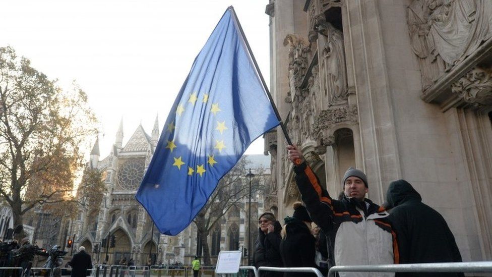 Man holds EU flag outside UK Supreme Court