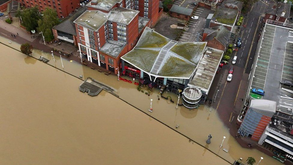A drone image showing part of Lincoln city centre flooded