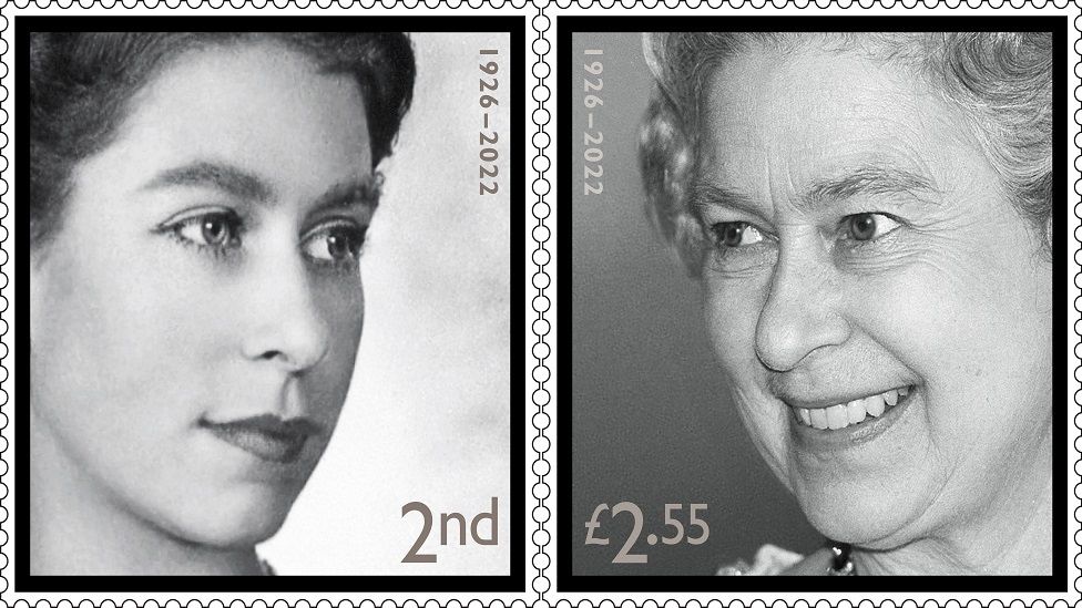 A picture of two of the stamps available for sale, showing the monarch in her younger and older years