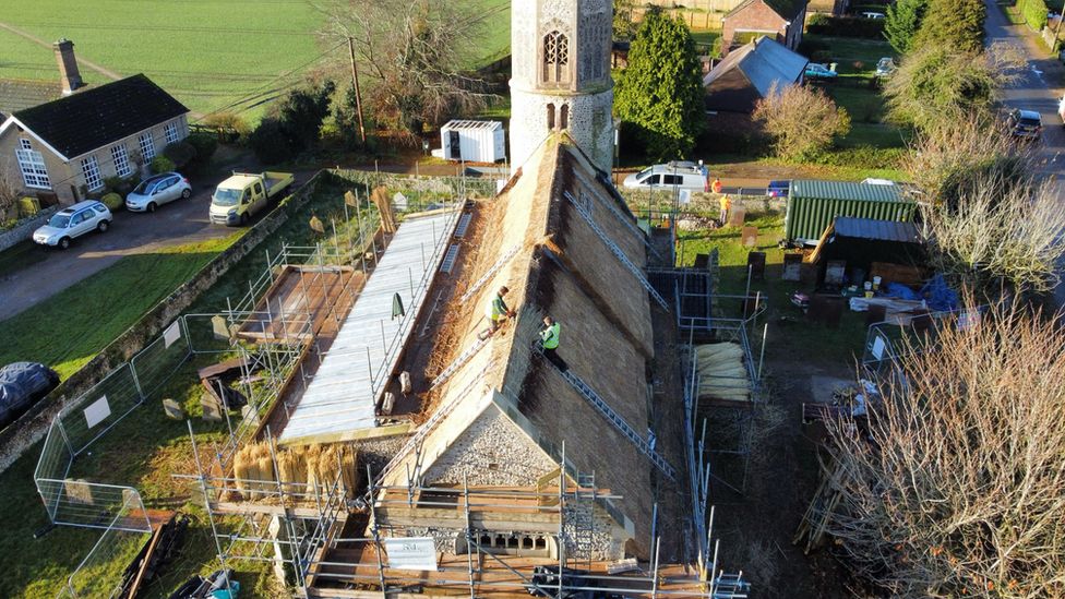 Aerial view of Beachamwell church which is currently being re-thatched