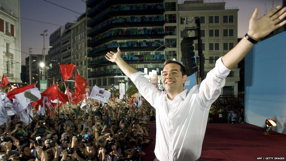 Syriza Party leader Alexis Tsipras greets supporters during a main pre election party rally 14 June 2012