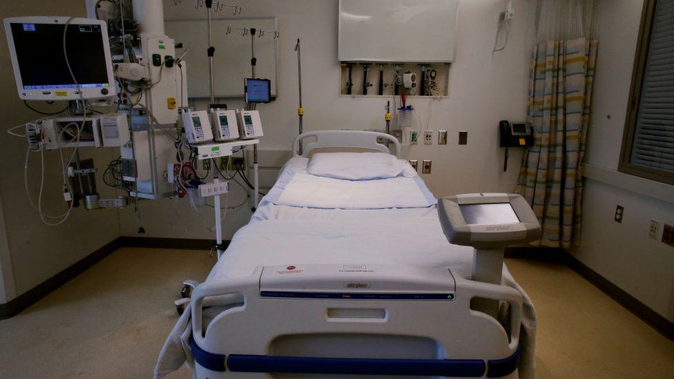 A hospital bed at Brigham and Women's Hospital in Boston, Massachusetts