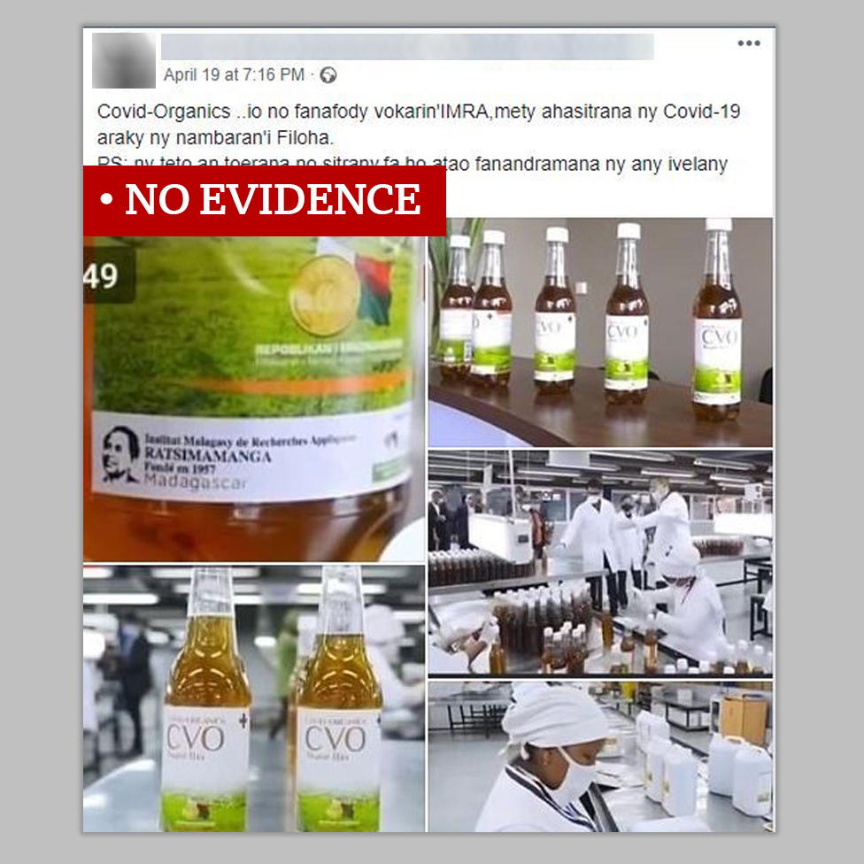 Photos of Covid-Organics bottles and factory scenes. Labelled "No evidence"