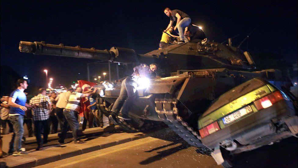 Tank crushing a car as people confront soldiers in Ankara, 16 Jul 16