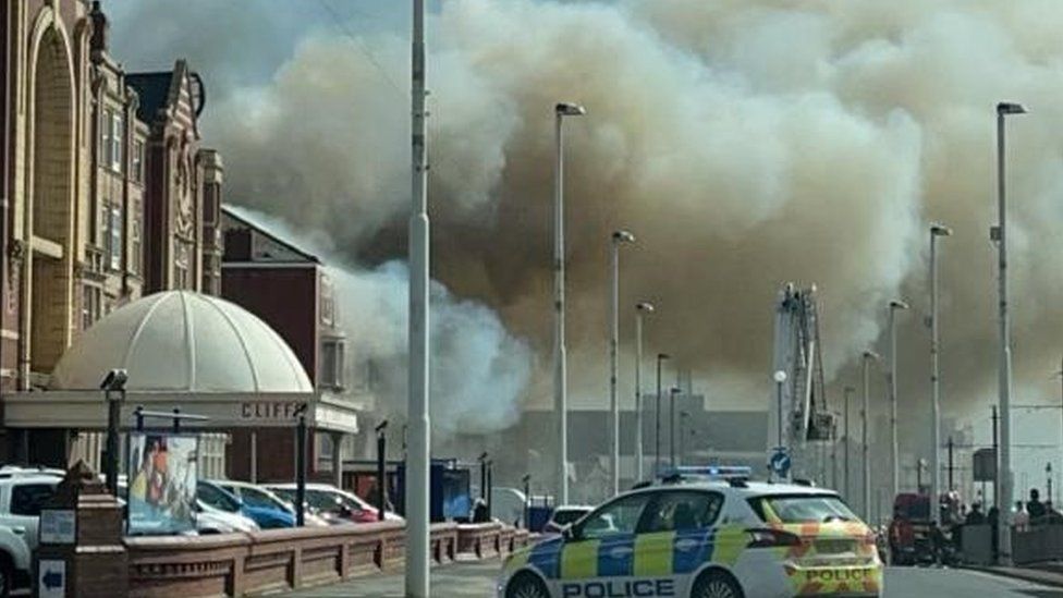 Plumes of smoke from building in Blackpool