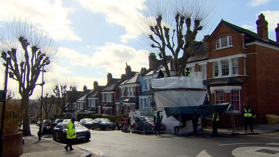 The tree covered in scaffolding with security services standing around it