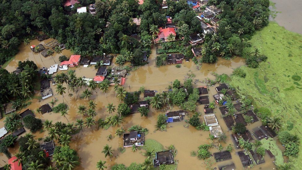 Aerial view of partially submerged houses