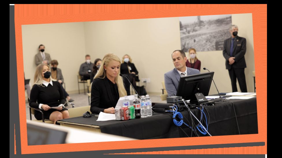 Image shows Paris Hilton testifying in Utah legislature