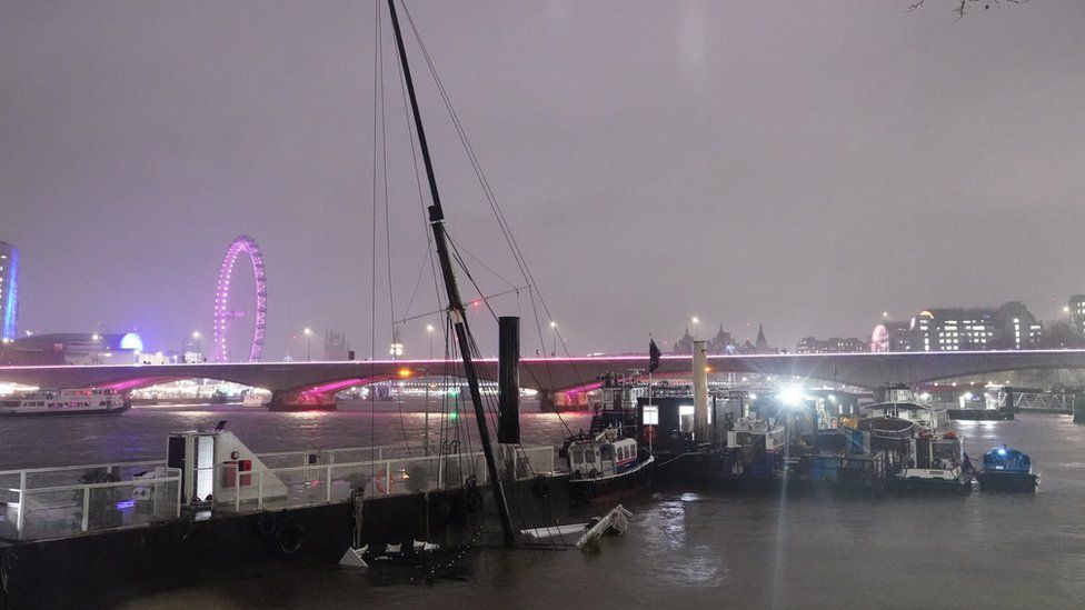 A floating bar sunk moored at Temple Pier on Thursday night