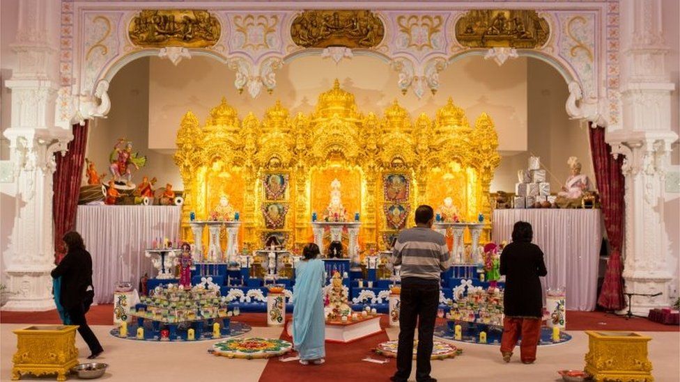 The Shree Swaminarayan temple has been decorated for Diwali while worshippers look forward to Mr Modi's visit