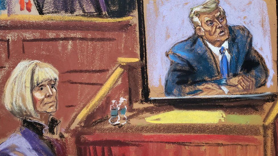 Court sketch showing E Jean Carroll and Donald Trump deposition video