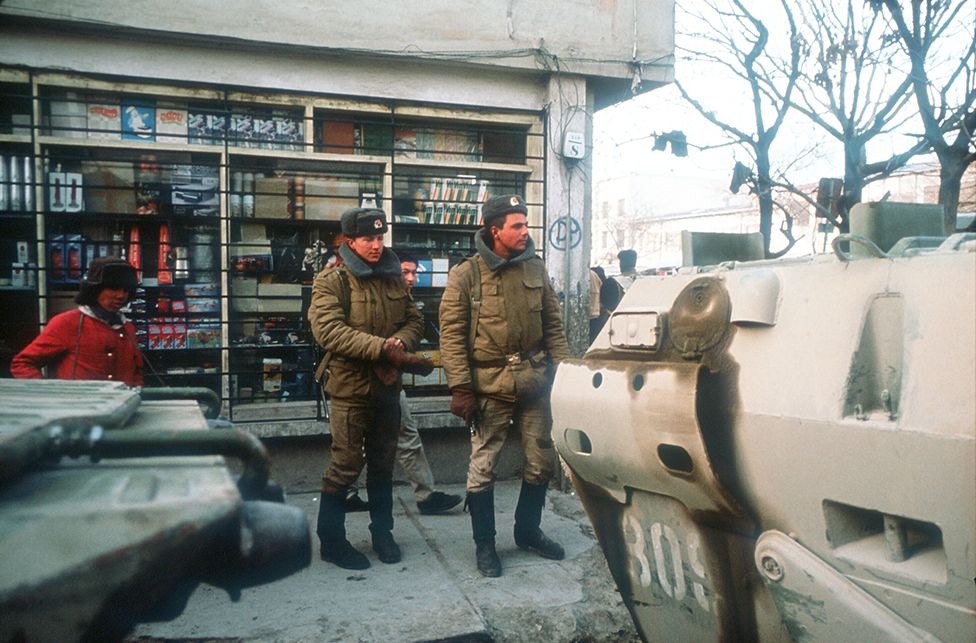 Soviet troops patrol the downtown area January 14, 1989 in Kabul, Afghanistan. The end of Soviet military occupation, which began in 1979, will leave the Afghan Army more vulnerable to the guerrilla forces known as the mujahideen, who claim to have the capital surrounded with 40,000 men