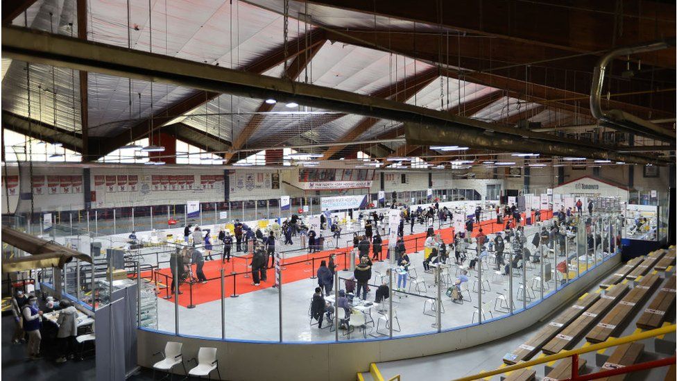 Vaccine is being administered at the Downsview hockey arena in Toronto
