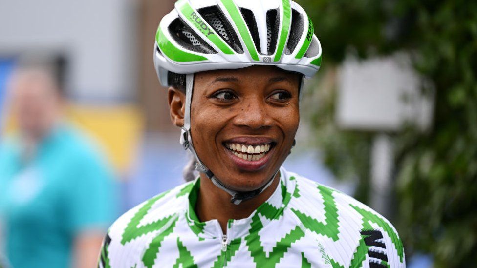 Nigerian cyclist Ese Ukpeseraye in a helmet in Glasgow, Scotland - Sunday 13 August 2023