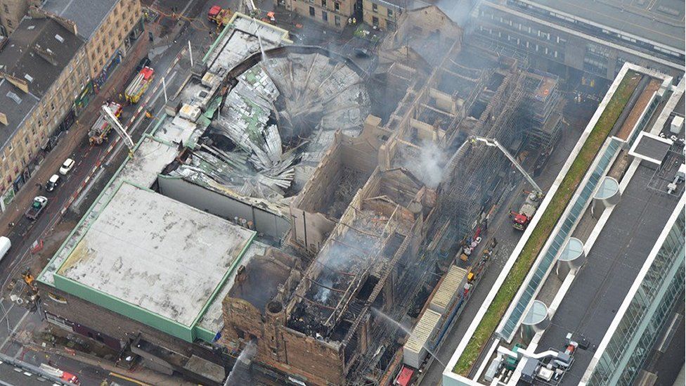 Aerial photo of fire damage to Glasgow School of Art