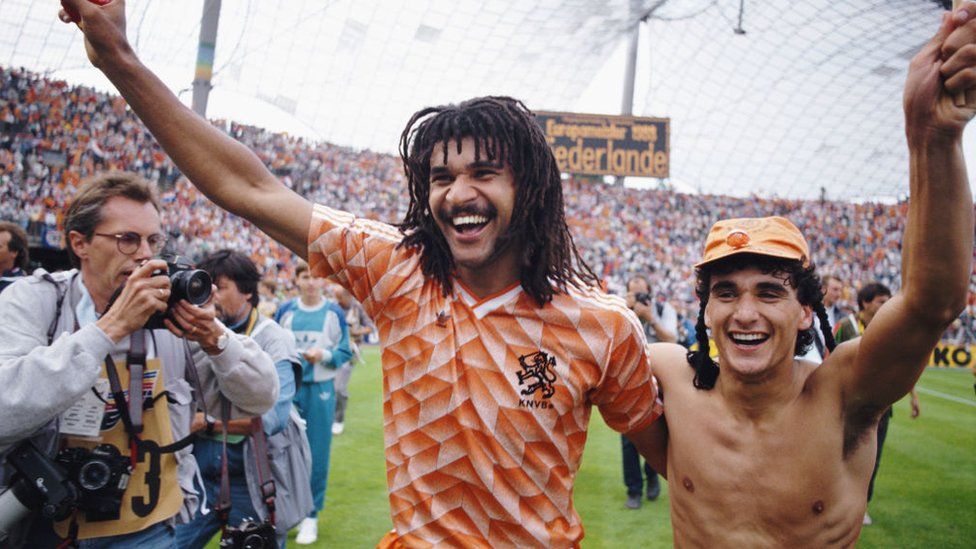 Netherlands players Ruud Gullit (left) and Gerald Vanenburg celebrate after their 2-0 victory in the 1988 European Championships final