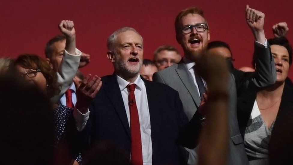 Jeremy Corbyn and other Labour delegates at the end of the 2017 conference