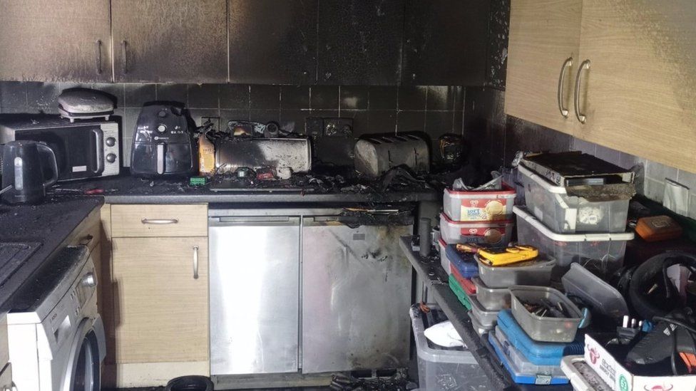 Fire-damaged kitchen