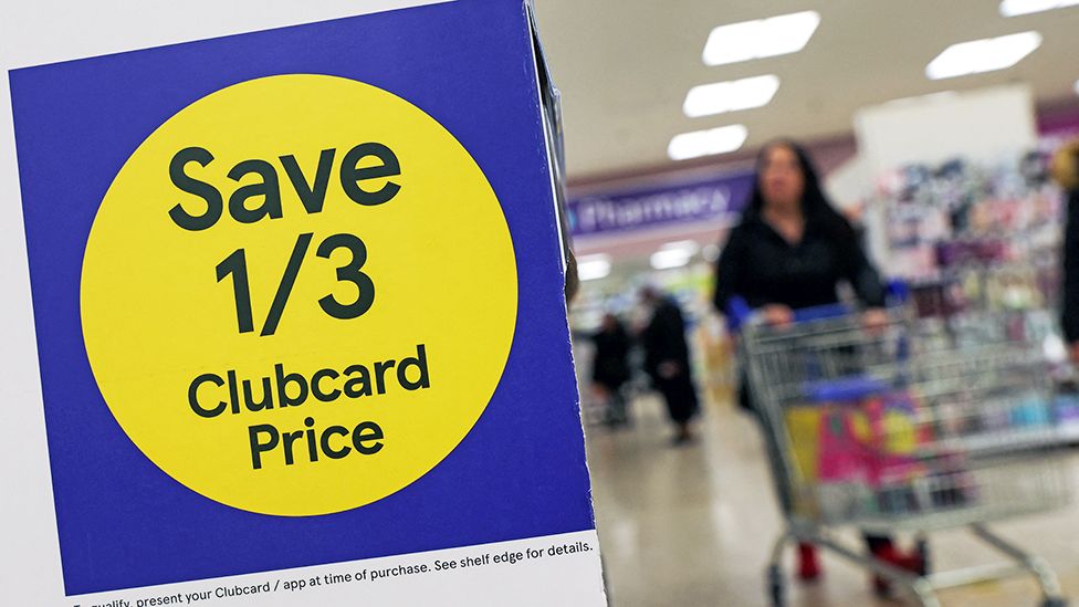 Clubcard branding is seen inside a branch of a Tesco Extra Supermarket in London, Britain, February 10, 2022