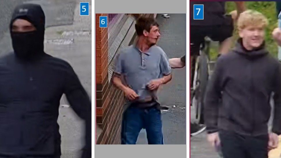 Three CCTV images of men, one in a mask, two with their faces uncovered