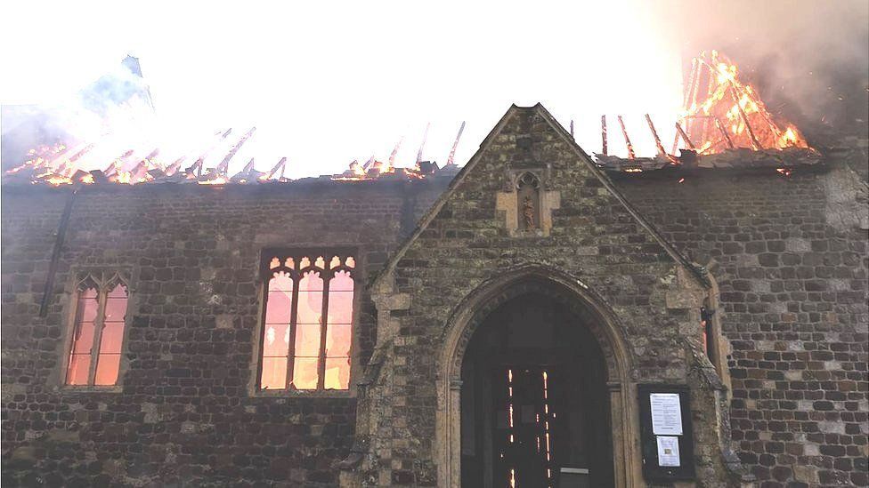 Church of St Mary in Wimbotsham on fire