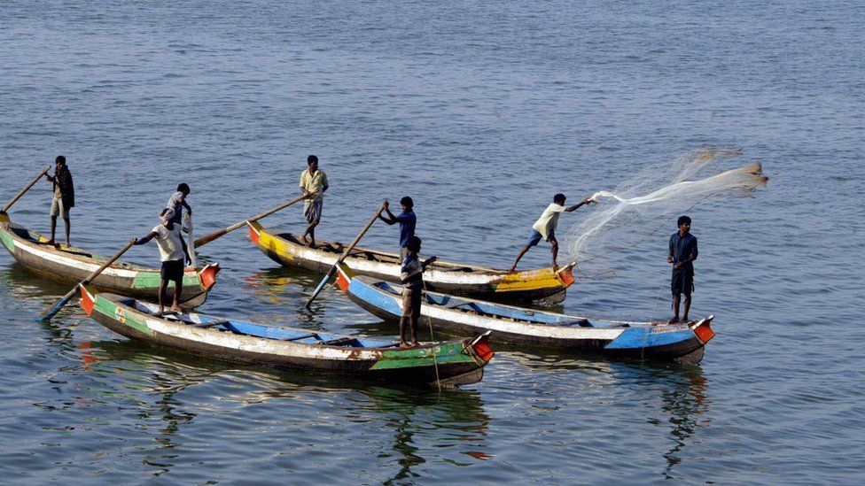 Indian fishermen cast their nets into a river in the East Godavari district of Andhra Pradesh