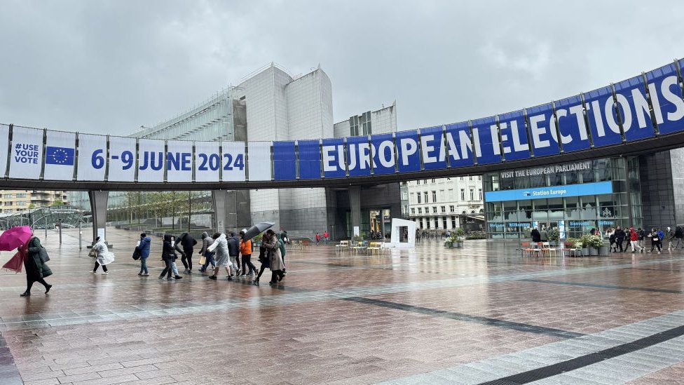 A view of the giant banners announcing the elections at the entrance of the EP building as the countdown to the European Parliament (EP) parliamentary elections (6-9 June) begins in Brussels, Belgium on April 16, 2024