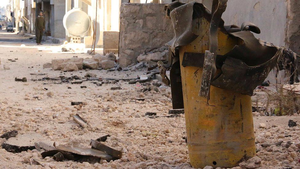 Handout photo provided to Reuters on 13 February 2017, by Human Rights Watch claiming to show remnant of a yellow gas cylinder found in Masaken Hanano, Aleppo, after a chlorine attack on November 18, 2016