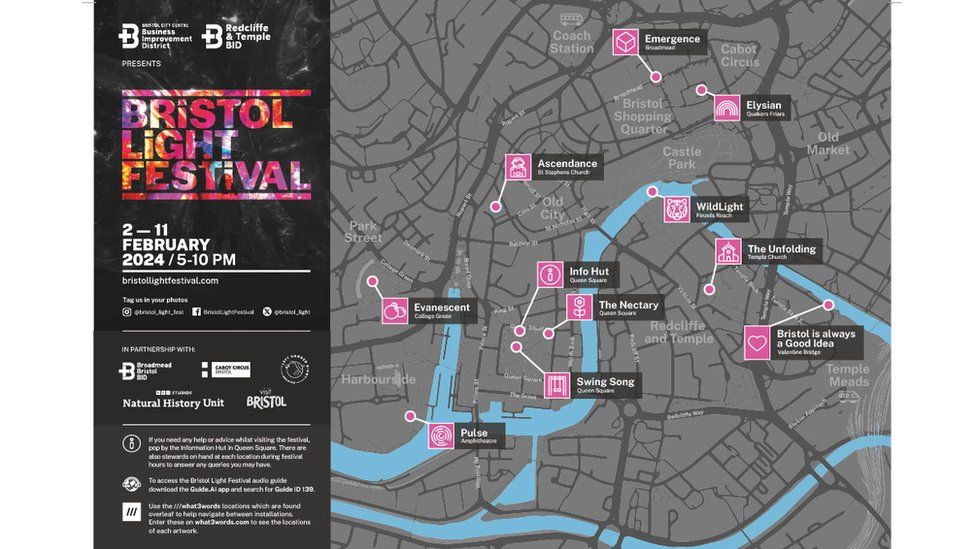 A map of Bristol, showing the names of light installations as part of the Bristol Light Festival. Evanescent can be found at College Green, Pulse is at the Amphitheatre, Swing Song, Info Hut and The Nectary are at Queen Square, Bristol Is Always A Good Idea is at Valentine Bridge, The Unfolding is at Temple Reach, Wildlight is at Finzels Reach, Ascendance is at St Stephens Church, and Elysian is at Quakers Friars