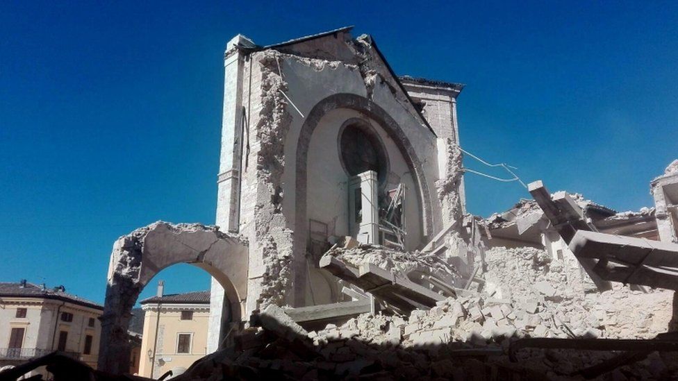 Basilica of San Benedetto destroyed after the strong earthquake in central Italy, Norcia, Umbria Region, 30 October 2016
