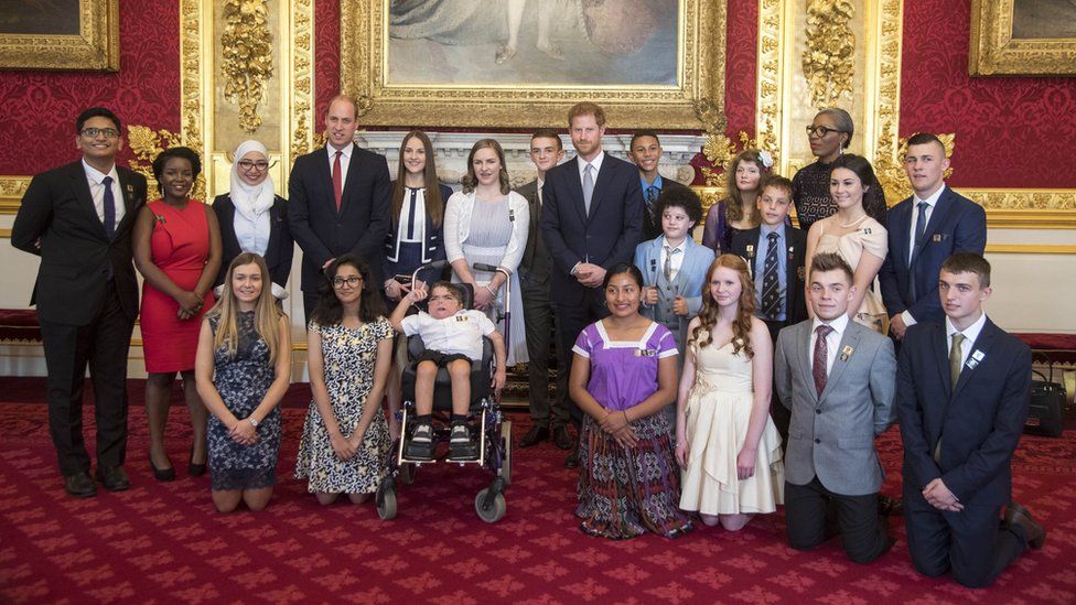 Prince William, Duke of Cambridge and Prince Harry pose with the winners at the Diana Awards at St James' Palace
