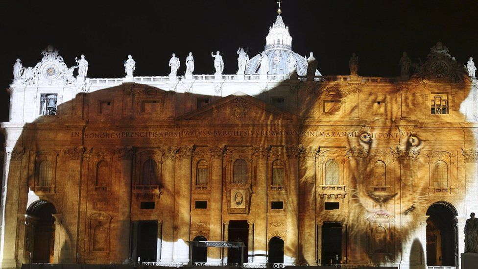 Image of a lion projected on to St Peter's Basilica (Image: Reuters)