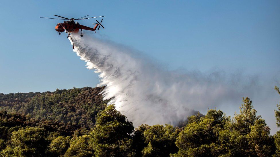 A firefighting helicopter dropping water over a forest to calm the flames