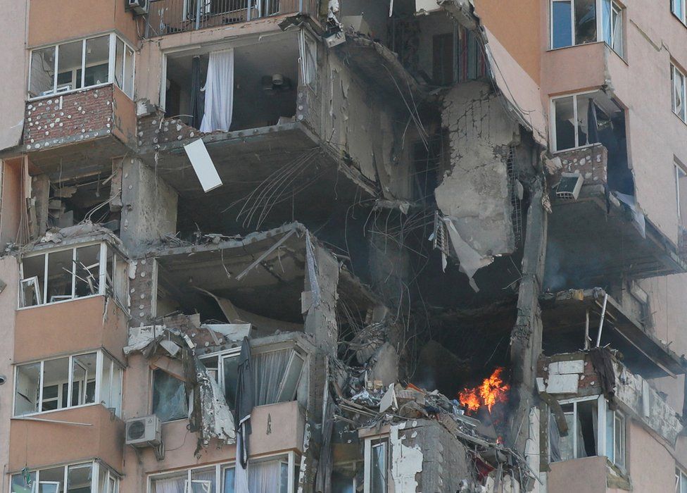 Apartment building damaged by recent shelling in Kyiv