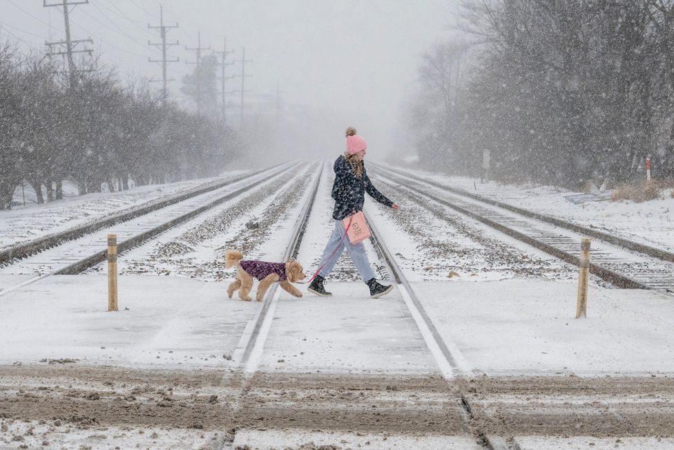 Женщина, выгуливающая свою собаку, пересекает железнодорожные пути во время сильного снегопада в западном пригороде Чикаго, 22 декабря 2022 г.