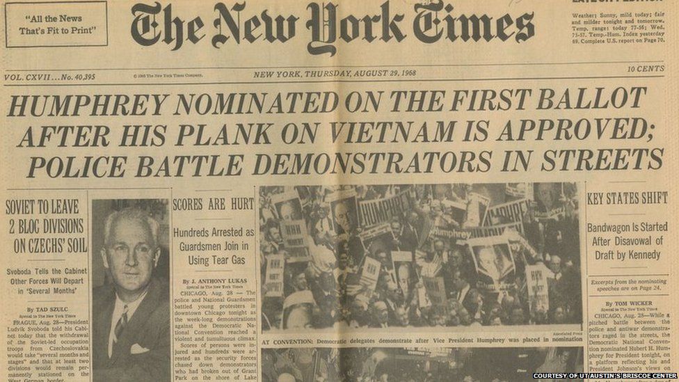 Newspaper article describing the Democratic National Convention and protests, published in The New York Times, August 29, 1968.