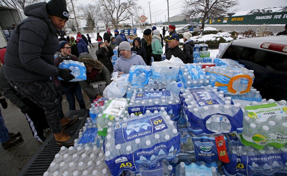 Bottled water being distributed in Flint