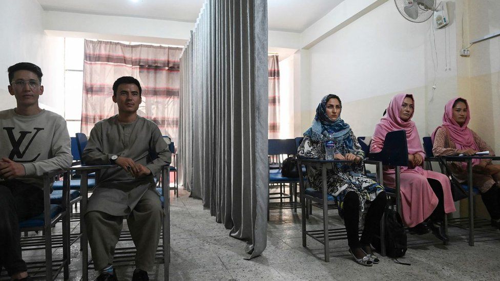 Класс, разделенный занавеской, разделяющей мужчин и женщин, в частном университете в Кабуле