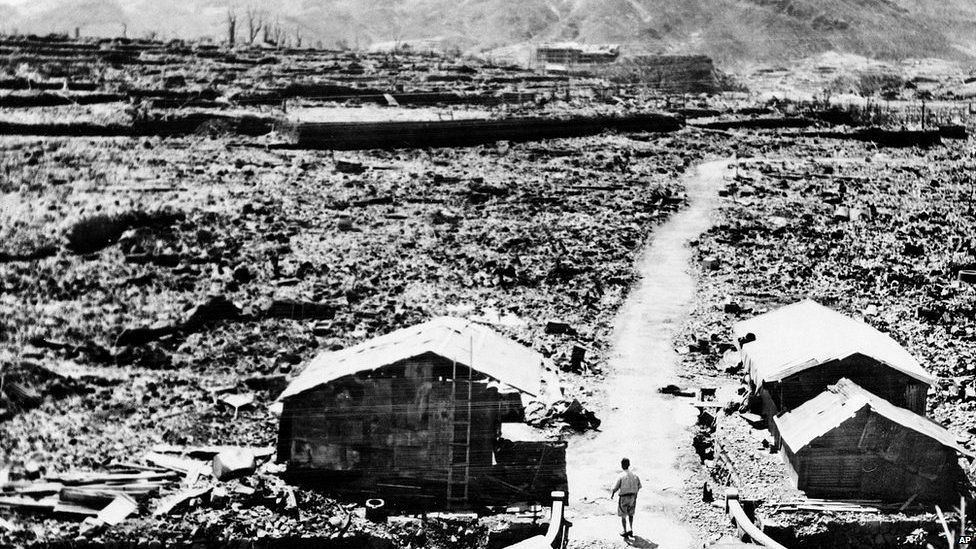 The aftermath of an atomic bomb in Nagasaki