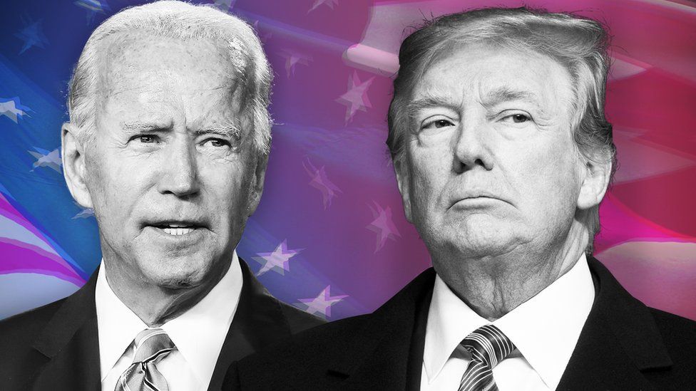 Composite image of Joe Biden and Donald Trump with the US flag in the background