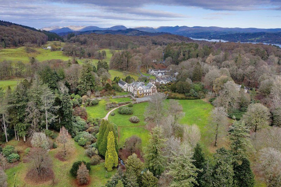 Aerial view of gardens around house