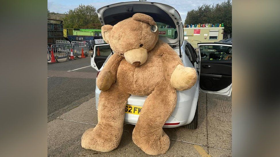 Huge teddy bear rescued from waste tip near Cambridge - BBC News
