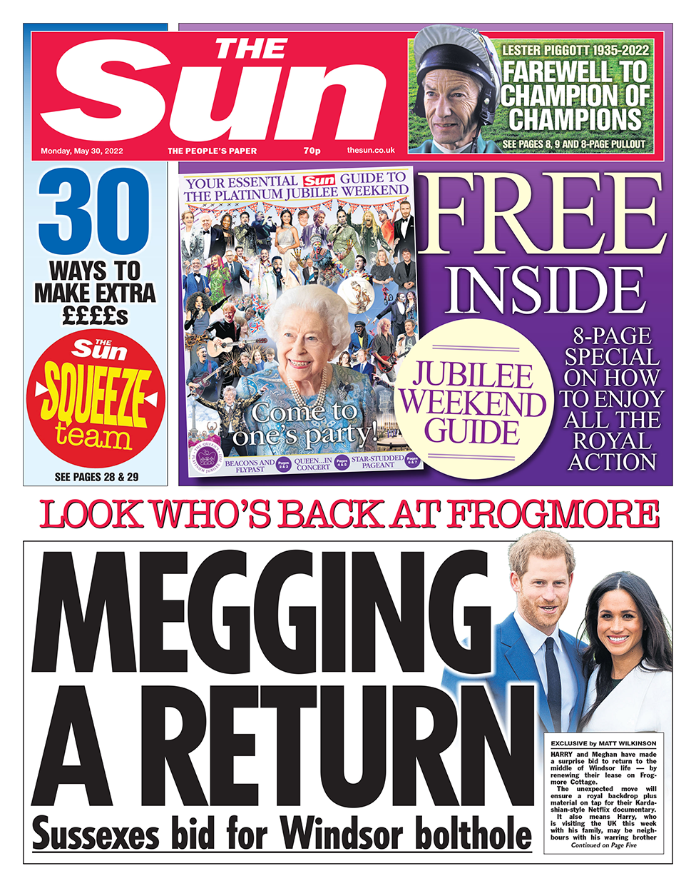 The headline in the Sun reads 'Megging a return: Sussexes bid for Windsor bolthole'
