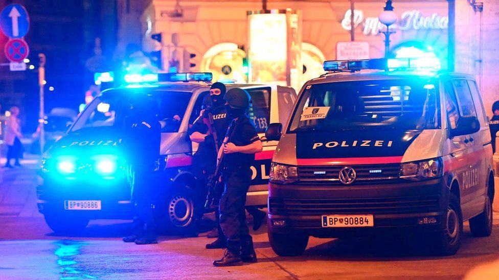 Police cars and policemen stand in Vienna
